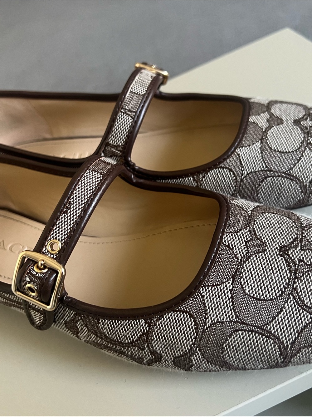 Coach Brown Signature Canvas Mary Jane Flats with Gold Buckle - Picture 6 of 9